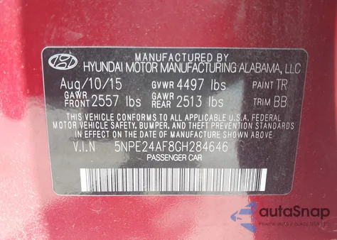 2016 Hyundai Sonata Se z USA, uszkodzony, nr VIN 5NPE24AF8GH284646